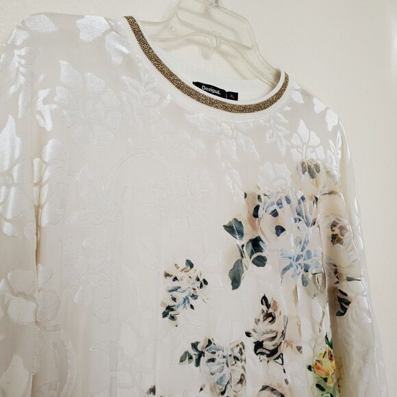 Desigual Women's XL Off-White Burnout Velvet Floral Sheer Top Gold Trim Pullover - Picture 3 of 15